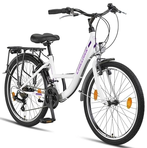 Vélos de villes : Chillaxx Bike Strada Premium City Bike de 24, 26, 28", Vélo pour filles, garçons, hommes et femmes, 21 vitesses, vélo de ville hollandais, frein en V, blanc / violet