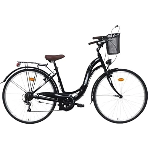 Vélos de villes : Eden Bikes Vélo Ville 28’’ Alizee Type VTC avec Cadre Aluminium, 7 Vitesses et équipement City Complet Noir / Blanc