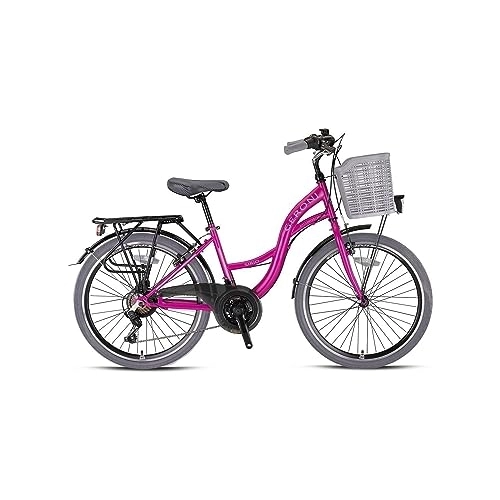 Vélos de villes : Geroni Sirio Vélo de ville 24" pour fille Vélo hollandais 21 vitesses avec dérailleur Shimano Tourney, dérailleur arrière, avec panier et homologué Stvzo / / dans la couleur violet (Fuchsia)