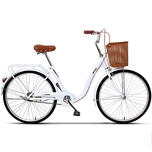 Vélos de villes : GOLDGOD 24 inch Lady's Urban Vélos De Ville Vintage Classique Loisir Hollandais City Bike avec Panier Avant Et Tablette Arrière Cadre en Aluminium Léger Et Doubles Freins Vélo De Ville, Blanc