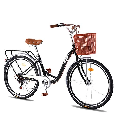 Vélos de villes : GOLDGOD 26 Pouces Adultes Banlieusard Vélos De Ville Léger 7 Vitesses Rétro Hollandais City Bike avec Panier De Vélo Vélo De Ville Cadre en Aluminium Et Pneus Résistants À l'usure, Noir
