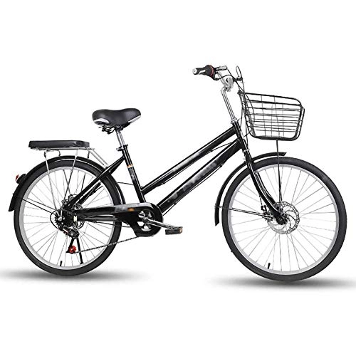 Vélos de villes : GOLDGOD 7 Vitesses 24 Pouces Vélos De Ville Confort Dame Hollandais City Bike avec Panier À Provisions De Grande Capacité Et Frein À Double Disque Facile À Installer Vélo De Ville, Noir
