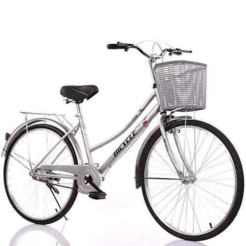 Vélos de villes : GOLDGOD Confortable Vélos De Ville, Plage des Femmes Hollandais City Bike avec Panier Avant Et Cadre en Acier Au Carbone Vélo De Ville, Freins Doubles Avant Et Arrière, 24 inch