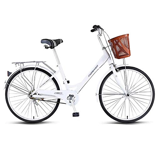Vélos de villes : GOLDGOD Léger 24 Pouces Vélos De Ville Dames Adultes Hollandais City Bike avec Panier Et Double Frein Seule Vitesse Vélo De Ville Hauteur du Siège Et du Guidon Réglables, Blanc