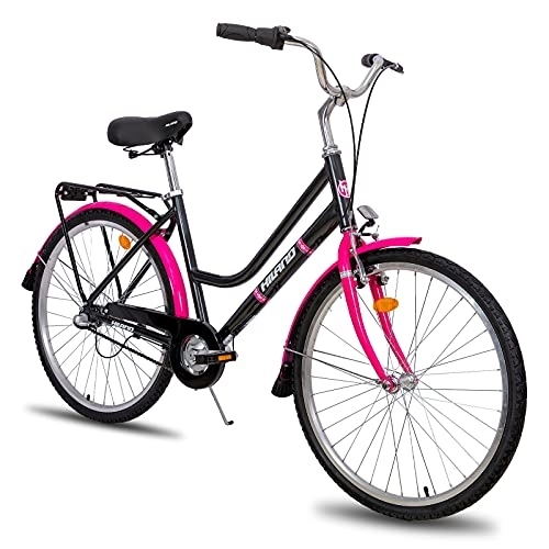 Vélos de villes : HILAND 26" Urban Vélo de ville pour femme avec frein en V, levier de vitesse Shimano 3 vitesses et porte-bagages Gris / rose
