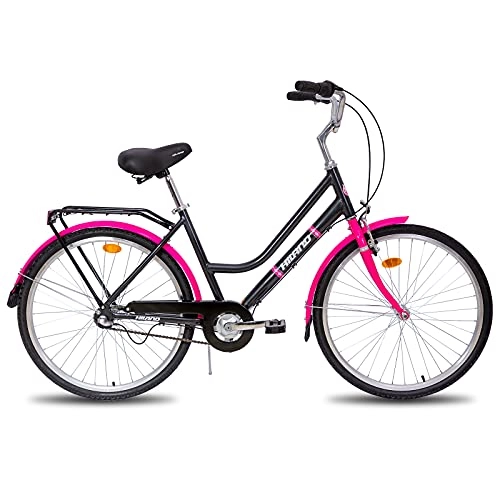 Vélos de villes : HILAND Vélo de ville 26 pouces avec frein en V Shimano 3 vitesses Levier de vitesse Porte-bagages Gris pour femme