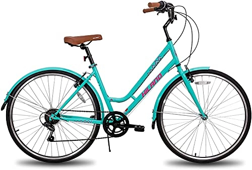 Vélos de villes : Hiland Vélo de ville hybride 700 C avec Shimano 7 vitesses, confortable, rétro, urbain, 46 cm, bleu pour femme