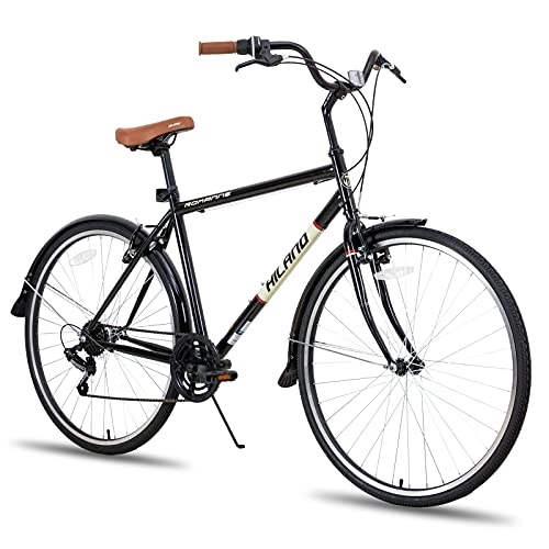 Vélos de villes : Hiland Vélo de ville vintage 28" 700C avec dérailleur Shimano 7 vitesses, vélo hybride, vélo hollandais, 50 cm, noir, homme, femme, adolescent