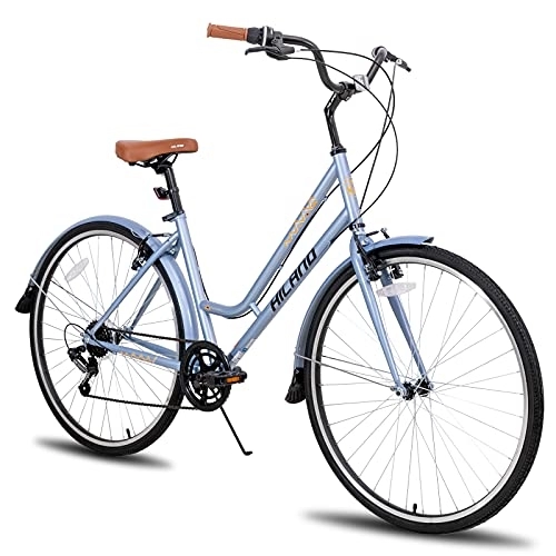 Vélos de villes : Hiland Vélo de ville vintage pour femme 28 pouces 700C avec dérailleur Shimano 7 vitesses Hybrid Bike Hollandais Vélo de remorque 46 cm Gris pour femme