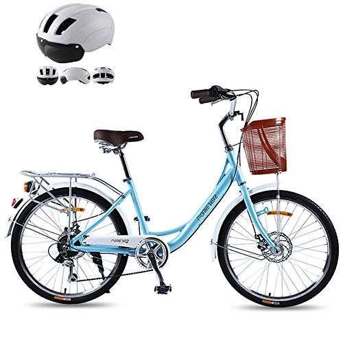 Vélos de villes : JACK'S CAT Vélo de Ville 7 Vitesses pour Femmes, vélo de Banlieue en Alliage d'aluminium de 24 Pouces pour Femmes, Freins à Double Disque, Panier et Cloches, vélo rétro pour Filles Confortable, Bleu