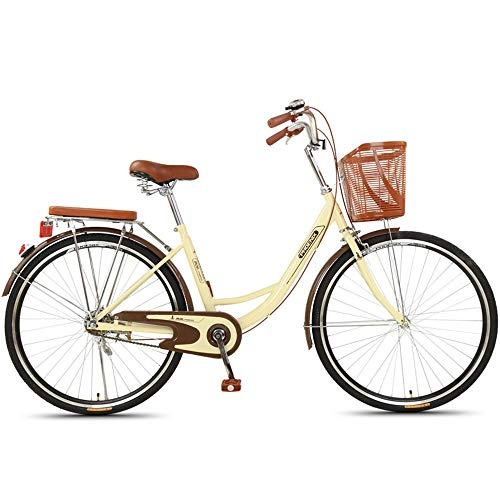 Vélos de villes : JHKGY Vélo classique unisexe, rétro à une vitesse, cadre en acier à haute teneur en carbone, avec panier avant et porte-bagages arrière, vélo confortable à une seule vitesse pour homme et femme, beige, 66 cm
