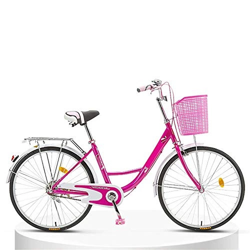 Vélos de villes : JHKGY Vélo de transport confortable pour adultes et étudiants, cadre en acier à haute teneur en carbone, panier avant, porte-bagages arrière 66 cm rose