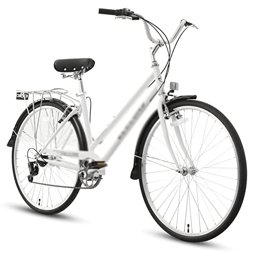 Vélos de villes : KOWM zxc Vélos pour hommes vintage vélo navette cadre de vélo en acier au carbone 7 vitesses vélo cruiser unisexe pour hommes et femmes pédale de frein arrière (couleur : blanc)