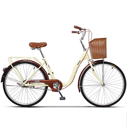 Vélos de villes : LFANH Dames Vélo, Vélo Cruiser Vintage Vélo Classique avec Panier De Vélo De Loisirs Rétros Urbain Route en Aluminium pour Cadre Motopropulseurs Femmes Et Vélo Hollandais Vélo Hommes, Beige, 26"