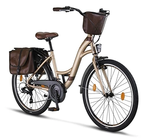 Vélos de villes : Licorne Bike Stella Plus Vélo de ville Premium en aluminium 26" pour filles, garçons, hommes et femmes - Dérailleur 21 vitesses - Vélo hollandais (26", marron lait)