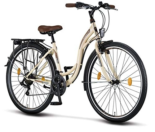 Vélos de villes : Licorne Bike Stella Premium City Bike 24, 26 et 28 pouces – Vélo pour filles, garçons, hommes et femmes – Dérailleur Shimano 21 vitesses – Vélo hollandais, Femme, beige, 28