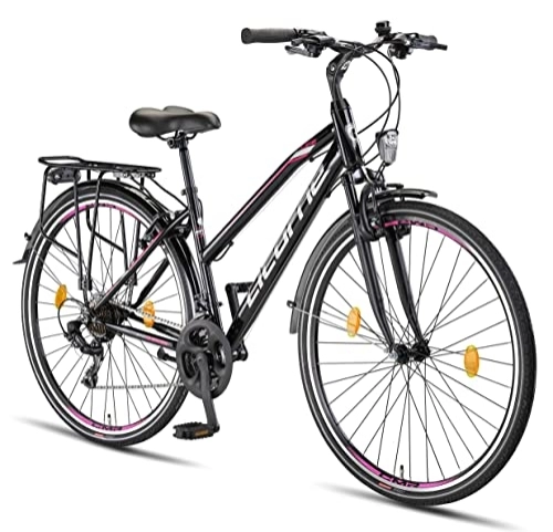 Vélos de villes : Licorne Bike Vélo de trekking haut de gamme 28 pouces - Vélo pour homme, garçon, fille et femme - Dérailleur 21 vitesses - Vélo de ville - Vélo pour homme - L-V-ATB - Noir / rose