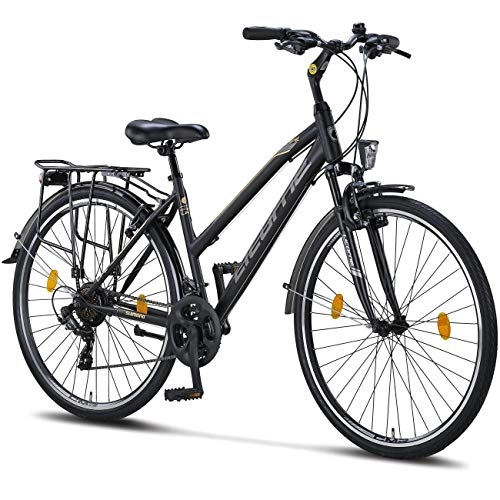 Vélos de villes : Licorne Bike Vélo de trekking haut de gamme 28 pouces - Vélo pour homme, garçon, fille et femme - Dérailleur Shimano 21 vitesses - Vélo de ville - Vélo pour homme - L-V-ATB - Noir / gris