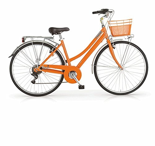 Vélos de villes : MBM Vélo Central 2017 pour Femmes, Cadre en Aluminium, 28", 6 Vitesses, Taille 46, Panier Inclus, Sept Couleurs Disponibles (Orange, H46)