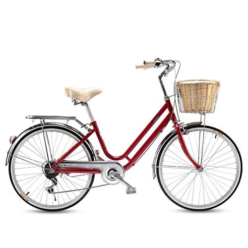 Vélos de villes : MC.PIG Vélo de Ville en aluminium-24 Pouces à Vitesse Variable Lady City Adulte Homme Banlieue Style hollandais vélo rétro avec Panier adapté aux étudiants Masculins et féminins (Color : Red)