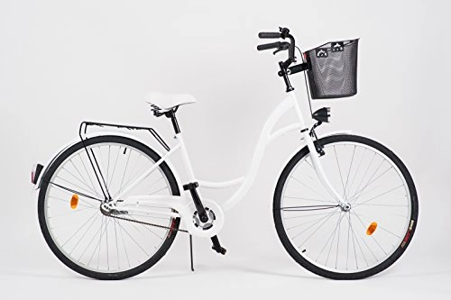 Vélos de villes : Milord. 2018 Vélo de Confort avec Panier, Byciclette, Vélo Femme, Vélo de ville, 3 Vitesses, Blanc, 28 Pouces