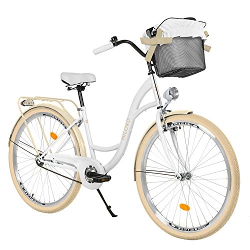 Vélos de villes : Milord. 28" 1 Vitesse Blanc Crme Vlo de Confort avec Panier Bicyclette Femme Vlo de Ville Retro Vintage