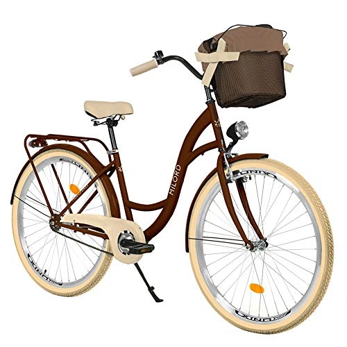Vélos de villes : Milord. 28" 1 Vitesse Cuivre Vlo de Confort avec Panier Bicyclette Femme Vlo de Ville Retro Vintage