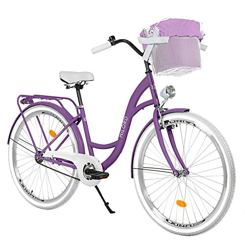 Vélos de villes : Milord. 28" 1 Vitesse Violet Vlo de Confort avec Panier Bicyclette Femme Vlo de Ville Retro Vintage