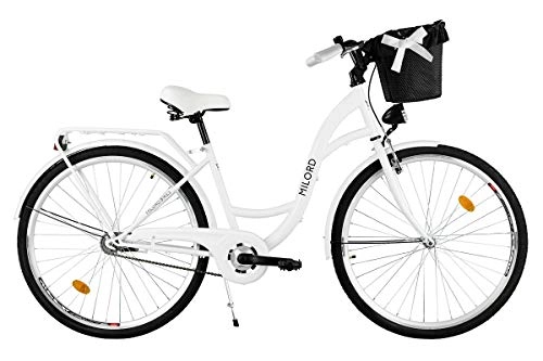 Vélos de villes : Milord. Vlo de Confort avec Panier Bicyclette Femme City Bike Vlo de Ville, 1 Vitesse, Blanc, 26 Pouces