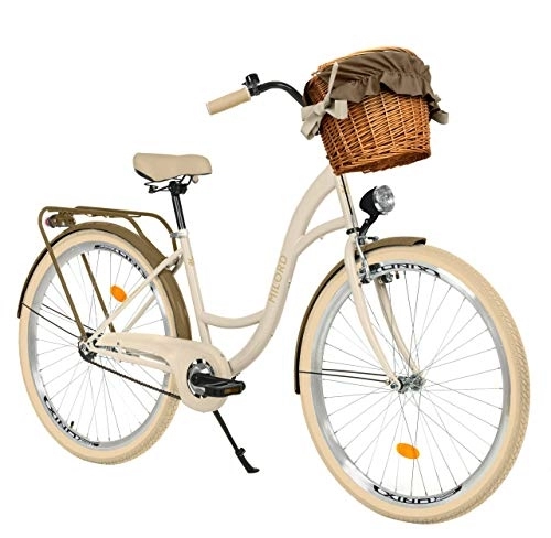 Vélos de villes : Milord. Vélo Confort Brun crémeux à 1 Vitesse de 26 Pouces avec Panier et Porte-Bagages arrière, vélo néerlandais, vélo pour Femme, vélo de Ville, rétro, Vintage