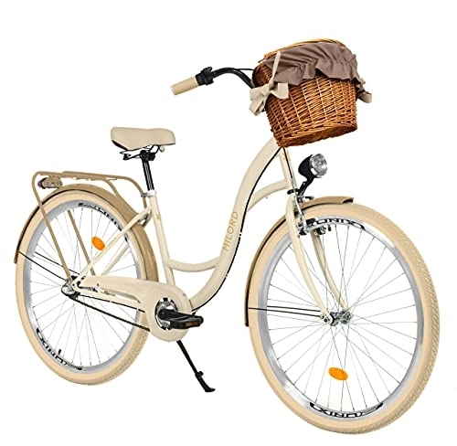 Vélos de villes : Milord. Vélo Confort Brun crémeux à 3 Vitesse de 28 Pouces avec Panier et Porte-Bagages arrière, vélo néerlandais, vélo pour Femme, vélo de Ville, rétro, Vintage