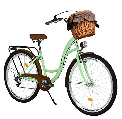 Vélos de villes : Milord. Vélo Confort Menthe Verte à 7 Vitesse de 26 Pouces avec Panier et Porte-Bagages arrière, vélo néerlandais, vélo pour Femme, vélo de Ville, rétro, Vintage