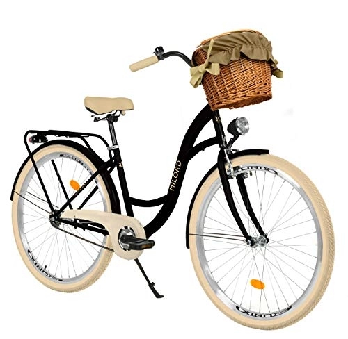 Vélos de villes : Milord. Vélo Confort Noir et crème à 1 Vitesse de 26 Pouces avec Panier et Porte-Bagages arrière, vélo néerlandais, vélo pour Femme, vélo de Ville, rétro, Vintage