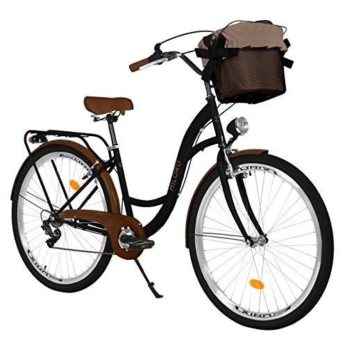 Vélos de villes : Milord. Vélo Confort, Noir et Marron à 7 Vitesse de 26 Pouces avec Panier et Porte-Bagages arrière, vélo néerlandais, vélo pour Femme, vélo de Ville, rétro, Vintage