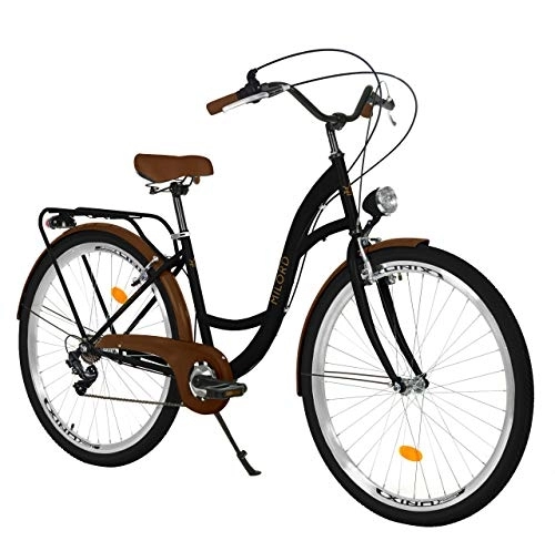 Vélos de villes : Milord. Vélo Confort, Noir et Marron à 7 Vitesse de 26 Pouces avec Porte-Bagages arrière, vélo néerlandais, vélo pour Femme, vélo de Ville, rétro, Vintage