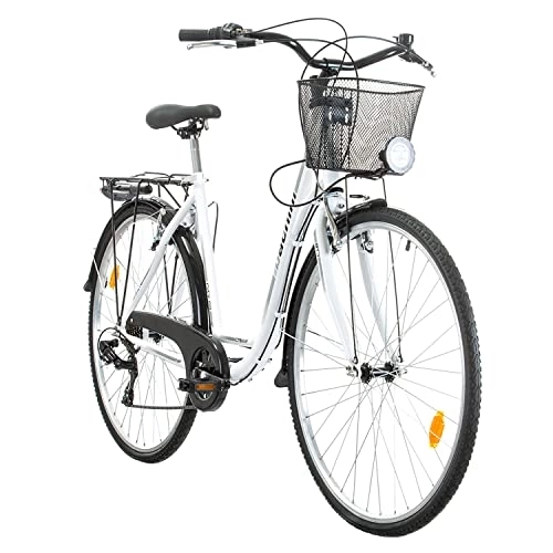 Vélos de villes : Multibrand Distribution Probike 28 Pouces Vélo de Ville 7 Vitesses, Panier, éclairage de vélo, Femmes, Hommes adaptés de 170-185 cm (Blanc Brillant)