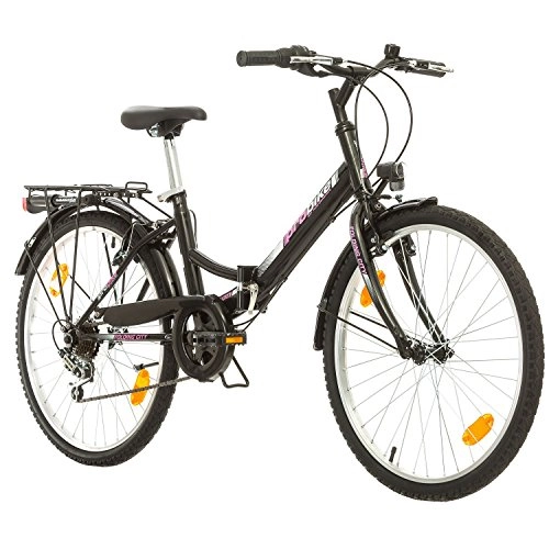 Vélos de villes : Multibrand Distribution Probike Folding City Vélo Pliant de 24 Pouces à 6 Vitesses pour Femmes, Filles adaptées de 135 à 160 cm (Rose Noir + Garde-Boue)