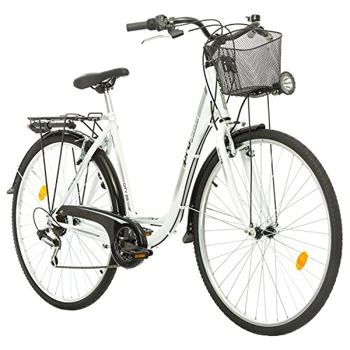Vélos de villes : Probike 28 Pouces Vélo de Ville 7 Vitesses, Panier, éclairage de vélo, Femmes, Hommes adaptés de 170-185 cm (Blanc)