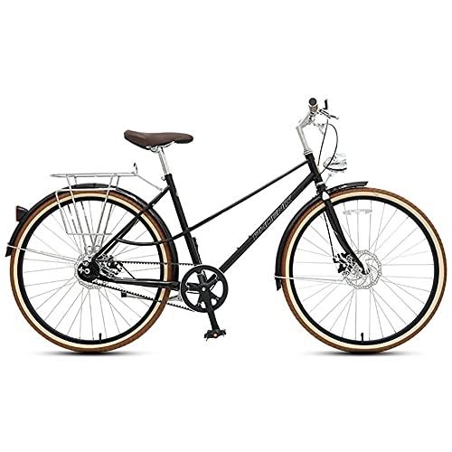 Vélos de villes : QIU Vélo Ville 26"Femme d'aluminium Alliage de Pouce Femme Urbaine Bicyclette avec vélo LED, 7 Vitesses rétro Vintage Mesdames Adultes (Color : Black)