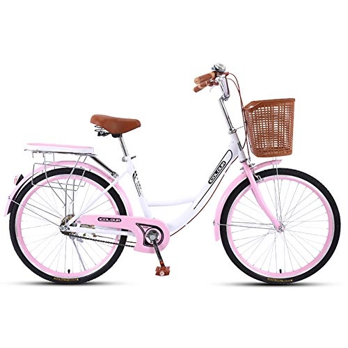 Vélos de villes : QX 24" 1 Vitesse Vélo de Confort avec Panier Bicyclette Femme Vélo de Ville Retro Vintage avec Panier Bicyclette Femme City Bike, Rose