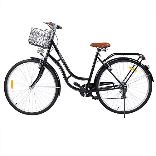 Vélos de villes : Ridgeyard 28 Pouces Vélos de Ville Homme Femme 7 Vitesses Femme City Bike Outdoor Sports City vélo Shopper vélo Light Blue + Basket + Bell + Batterie-alimenté lumière (Noir)