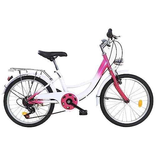 Vélos de villes : SABUIDDS Vélo de ville de 20 pouces, 6 vitesses, vélo confortable pour garçons, filles, hommes et femmes, vélo de trekking avec lumière pour divertissement, shopping ou mouvement, rose et blanc