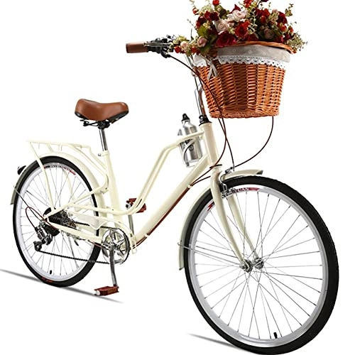 Vélos de villes : TBNB Vélo de Plage pour Femmes de 24 Pouces, vélo de Banlieue de Style rétro, 7 Vitesses, Blanc, Bleu, Rouge (Blanc)