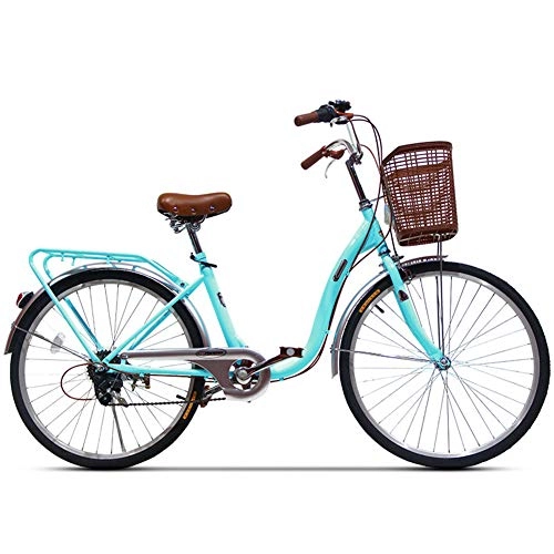 Vélos de villes : Ti-Fa 24"Ville Loisirs vélo Femmes vélo en Aluminium Cruiser vélo 6 Vitesses Shift V Freins Ville lumière Banlieue rétro Dames Adulte avec Panier de Voiture