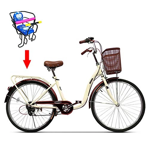 Vélos de villes : Ti-Fa Vélo pour Femmes avec Panier et siège de vélo pour Enfants, vélo pour Adultes, 24 '' 6 Vitesses, vélos de Route urbains d'extérieur, adapté à 160-180 cm (Couleur: Beige)