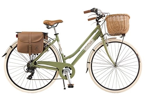 Vélos de villes : Via Veneto by Canellini Vélo rétro rétro rétro en aluminium pour femme avec panier + sacs + sonnette Via Veneto (46, vert olive)