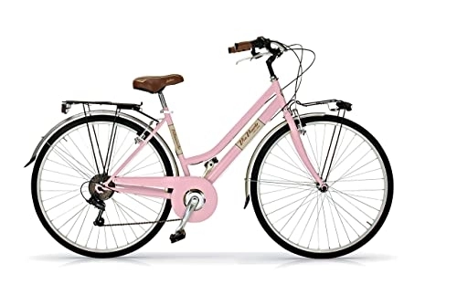 Vélos de villes : Via Veneto VV605AL Vélo de Promenade Femme Rosa Diva | Vélo Vintage de Promenade 6 Vitesses Châssis en acier, Garde-boue, Lumières LED et Porte-bagages | Vélo Urbain Femme