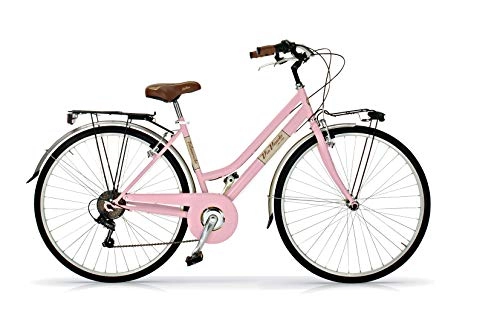 Vélos de villes : Via Veneto VV605AL Vélo de promenade pour femme Rose diva | Vélo vintage de promenade 6 vitesses, châssis en acier, garde-boues, lumières LED et porte-bagages | Vélo urbain pour femme