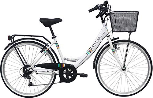 Vélos de villes : VTC 26" Femme City Style Retro Blanc - 6 Vitesses par poignée tournante avec Freins V-Brake et équipement City
