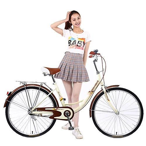 Vélos de villes : Vélo 24 '' pour femme vintage, vélo de ville extérieur en acier à haute teneur en carbone, vélos de sport étudiante - beige